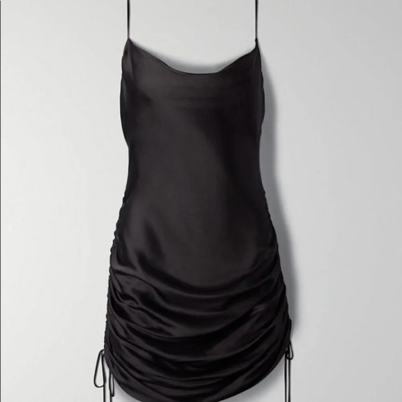 Aritzia Wilfred Only Ruched Slip Satin Dress Midi Mini Black Size Small - Picture 2 of 13